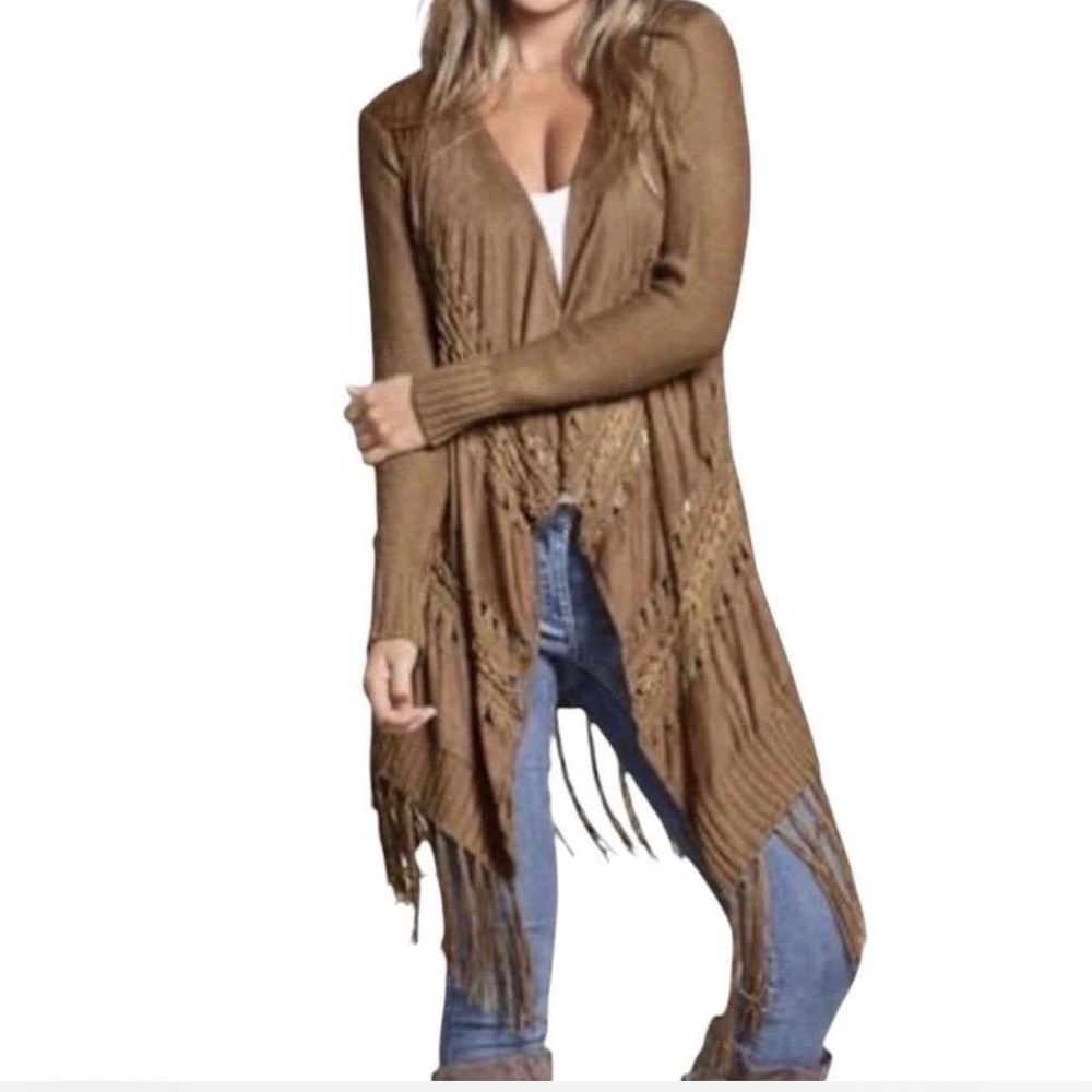 Venus Open Front Cardigan Brown Faux Suede Crochet Fringe Sweater Boho Womens S